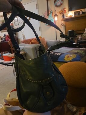 AUNT & UNCLE German-Made Leather Hobo Shoulder Bag | Dark Green Studded